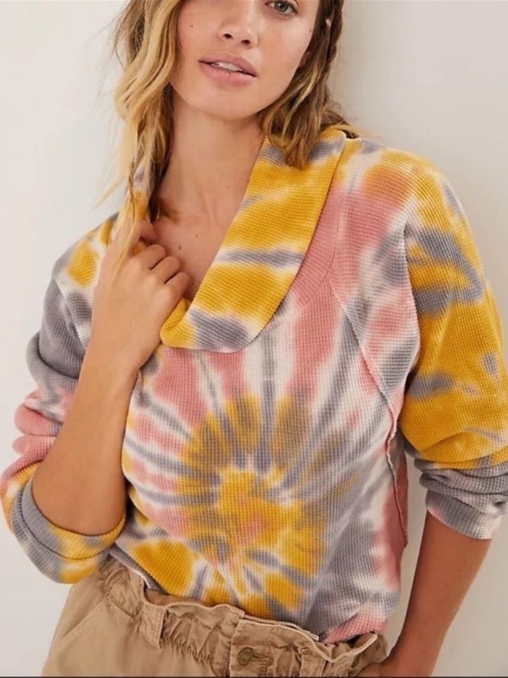 Anthropologie Pilcro Angie Tie Dye Cowl Neck Waffle Knit Top Small Hippie Boho